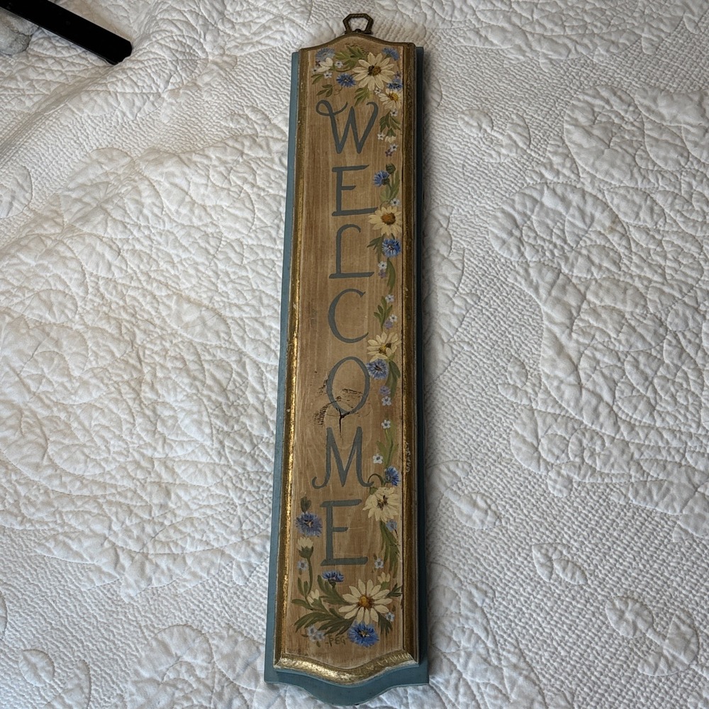 VTG Welcome Wooden Sign Hand Painted Floral Daisies Country Granny Cottagecore